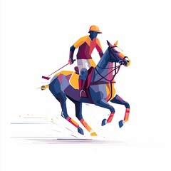 Dynamic Geometric Illustration of Polo Player Riding Horse in Vibrant Polygonal Style.