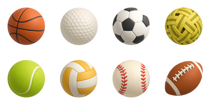 3D render collection of various sports balls including basketball football soccer and tennis