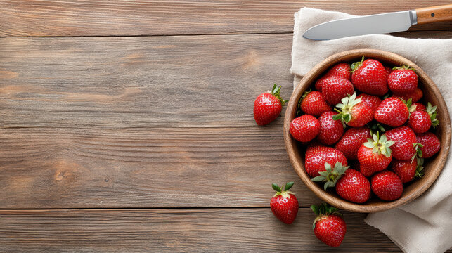 Fresh strawberries in wooden bowl on rustic table, perfect for healthy snack