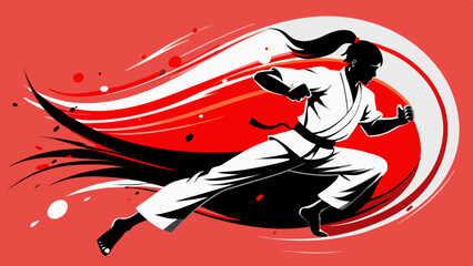 Martial Arts Motion Illustrations – Dynamic Fighters in Stylized Red and Black Swirls
