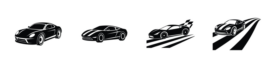 Modern look at a streamlined sports car accelerating from front angle Flat Silhouette on White Background