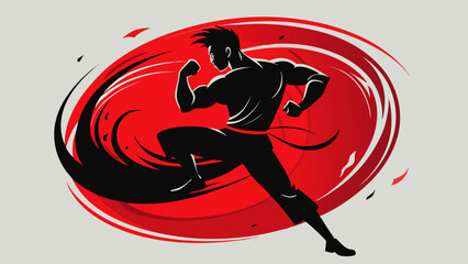 Martial Arts Motion Illustrations – Dynamic Fighters in Stylized Red and Black Swirls