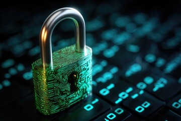 A digital padlock glowing softly in shades of blue and green