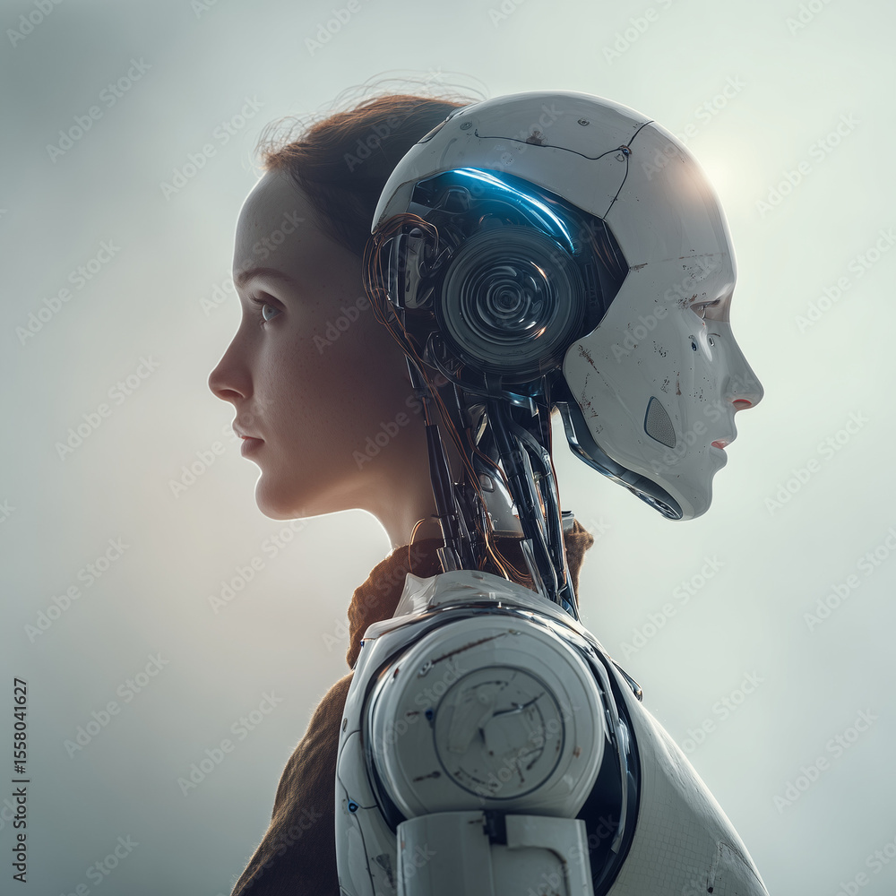 Poster human and robot faces in profile side by side symbolizing artificial intelligence