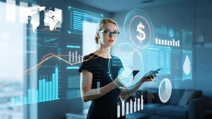 Animation-style image of a Caucasian woman using a smartphone, overlaid with dynamic holographic financial data visualizations. - Powered by Adobe
