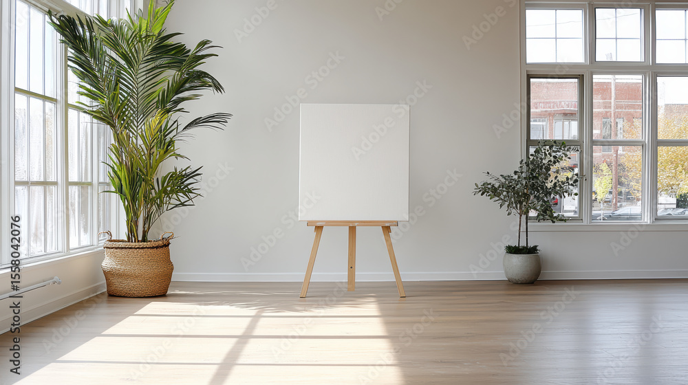 Poster serene studio space featuring empty canvas on easel, surrounded by greenery and natural light