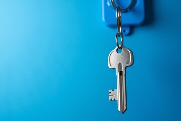 A metal key hangs against a vibrant blue background.