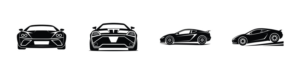 Silhouette Illustration Featuring Aerodynamic Sports Car Racing into Distance Flat Silhouette on White Background