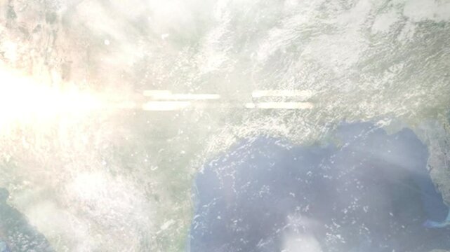 Earth zoom in from space and focus on The Woodlands, Texas, USA. Background for travel intro or blog. Satellite view. 3D style Animation. Images from NASA.