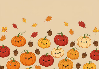 Fototapeta premium Adorable Autumn Pumpkins and Acorns Kawaii Style Illustration.