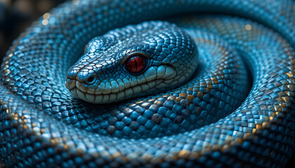 Fototapeta premium Coiled Snake Close-Up with Red Eyes and Blue Scales