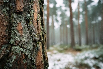 Close-up pine tree trunk in a snowy forest