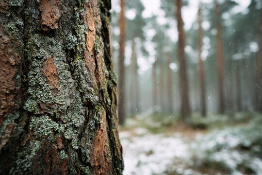 Close-up pine tree trunk in a snowy forest