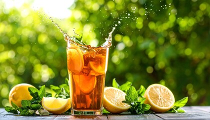 Fototapeta premium Refreshing splash of citrus and mint from iced tea glass, blurred outdoor greenery behind.