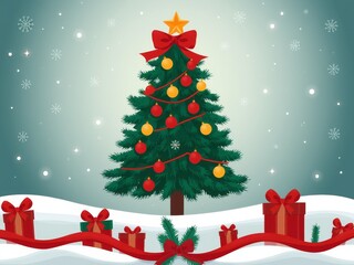 Obraz premium A christmas tree with ornaments and gifts in a snowy scene with snowflakes falling from the sky above it