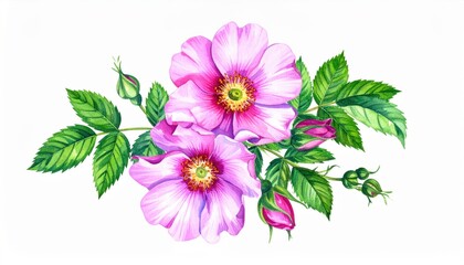 Obraz premium Vibrant Pink Wild Roses with Lush Green Leaves and Buds on a White Background for Floral Art and Botanical Illustrations