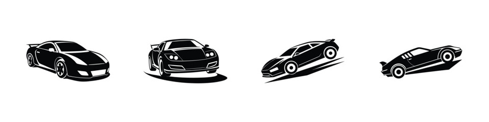 Modern Front Angle View of Fast Sports Car Drifting Around Corner Silhouette on White Background