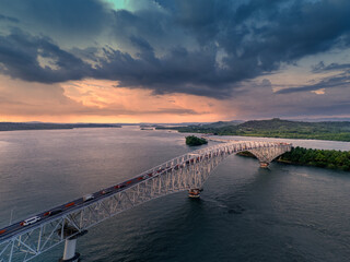 Aerial of San Juanico Bridge and Coastal Landscape at Sunrise