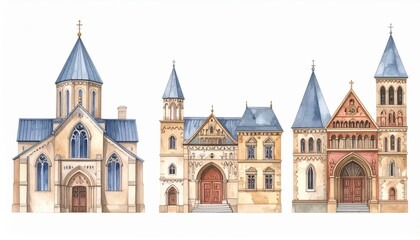 Obraz premium Colorful Hand-Drawn Illustrations of Various Historic Church Designs Featuring Unique Architecture and Roofs in Diverse Styles