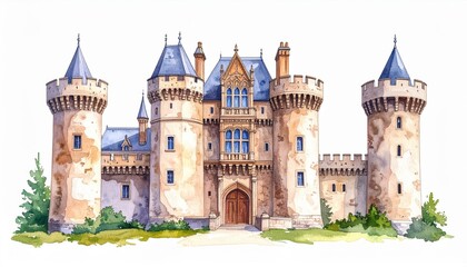 Fototapeta premium Majestic Fairytale Castle with Turrets and Stone Walls Surrounded by Lush Greenery, Illustrative Art Design for Fantasy Themes and Storybooks