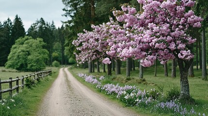 Obraz premium Peaceful country lane lined with blossoming trees.