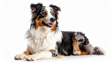 Playful Australian Shepherd Dog Lying on White Background with Joyful Expression and Beautiful Fur Coat