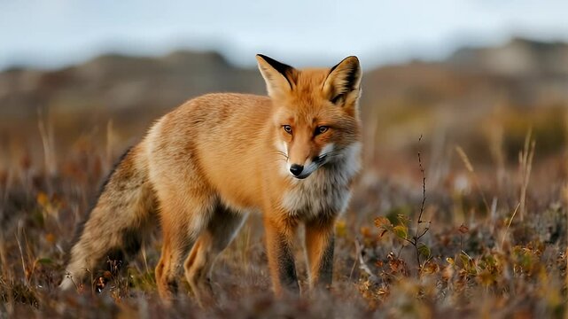 A red fox (Vulpes vulpes) standing alert in the autumn tundra along the Dempster Highway, Yukon Territory, Canada. 