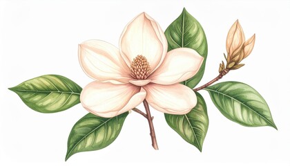 Delicate Magnolia Blossom with Green Leaves and Bud, Botanical Illustration, Floral Design Element for Elegant Decor and Nature Inspired Art