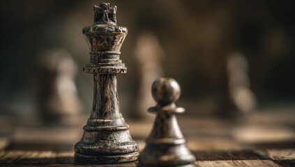 Close-up of aged chess pieces, king and pawn