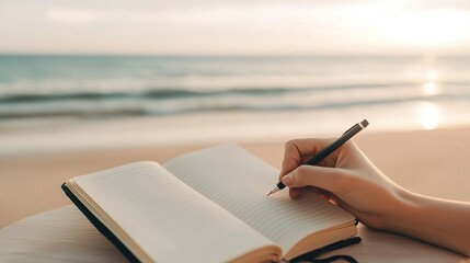 A person writes in a notebook on a beachside table at sunset, with the ocean and sky creating a peaceful background.