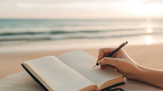 A person writes in a notebook on a beachside table at sunset, with the ocean and sky creating a peaceful background.