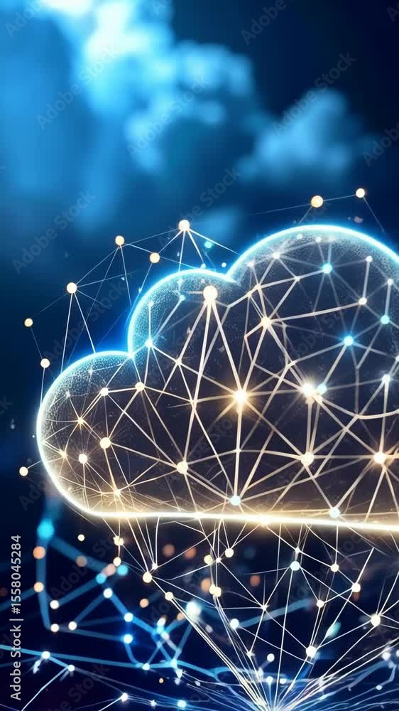 Poster abstract luminous cloud formation connected by digital network on a dark blue gradient backdrop, rep