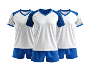 Soccer uniform set team apparel blue and white sports clothing jerseys on transparent background