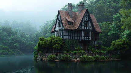 Obraz premium A charming Tudor-style cottage sits by a tranquil lake, surrounded by lush, misty forest.