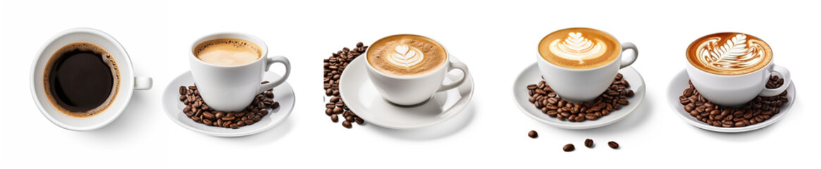 A collection of coffee cups with different types of coffee and latte art.