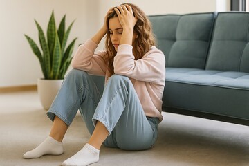 A woman sits on the floor, clutching her head in distress, overwhelmed by anxiety and emotional strain