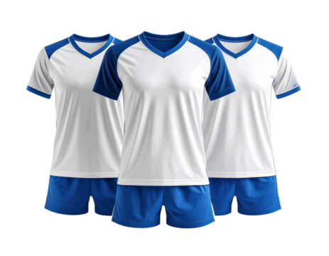 Soccer uniform set team apparel blue and white sports clothing jerseys on transparent background