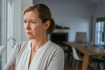 A woman stands by a window, deeply concerned and anxious, reflecting emotional distress and uncertainty in her expression