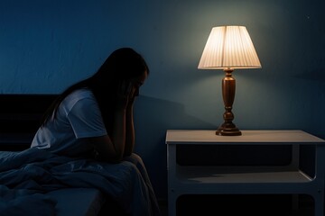 A woman sits on her bed in the dark, feeling anxious, with her head in her hands and a lamp nearby