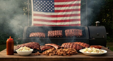 A barbecue feast with ribs, pulled pork, and coleslaw in front of an american flag on a summer day