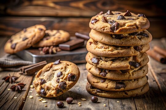 Deliciously baked chocolate chip cookies stacked high on a rustic wooden surface