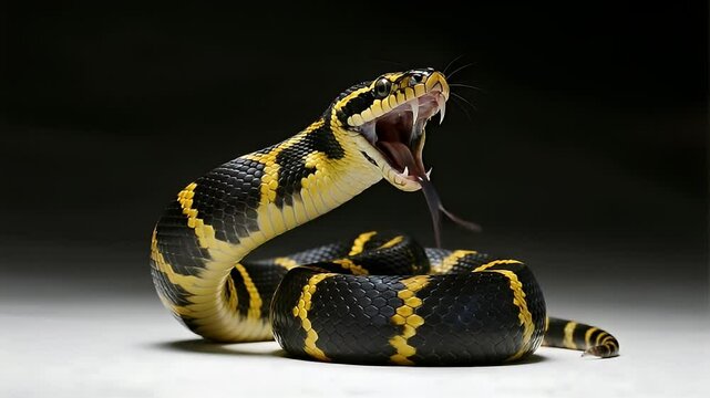 A gold ringed cat snake (Boiga dendrophila) in a defensive posture, its body coiled and head raised, mouth slightly open in a warning display. 
