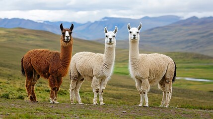 Fototapeta premium Three llamas stand together on a grassy plain with mountains in the background under a cloudy sky.