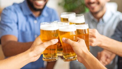 Friends cheerfully toasting beer mugs, glowing pub lights in soft bokeh.