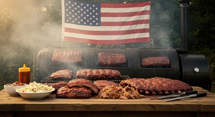 Barbecue ribs and pulled pork on wooden table with american flag and smoker in background outdoors