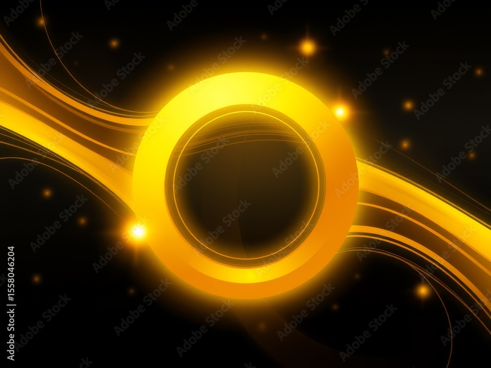 Poster golden ring with glowing lines and bokeh lights on a dark background abstract design element graphic