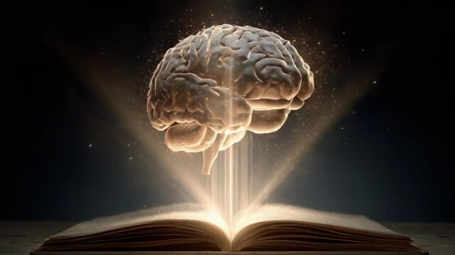 Glowing brain hovers over an open book, illuminated with bright emanating light rays