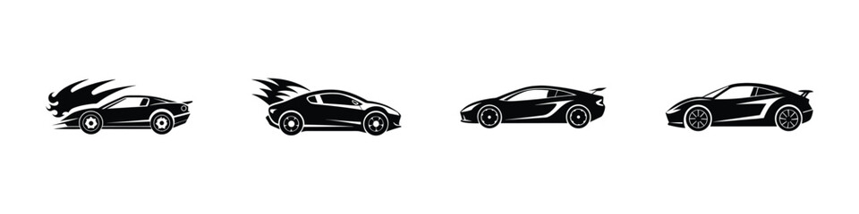 Minimal Flat Artwork of Fast Sports Car Blasting Off Silhouette on White Background