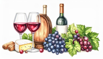 Collection of Red Wine, Grapes, Cheese, and Wooden Barrel on a White Background Ideal for Culinary and Beverage Illustrations