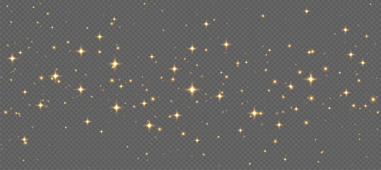 Golden sparkling stars, shiny particles light effect, transparent flying stardust texture, abstract twinkle Christmas decoration. Vector illustration.